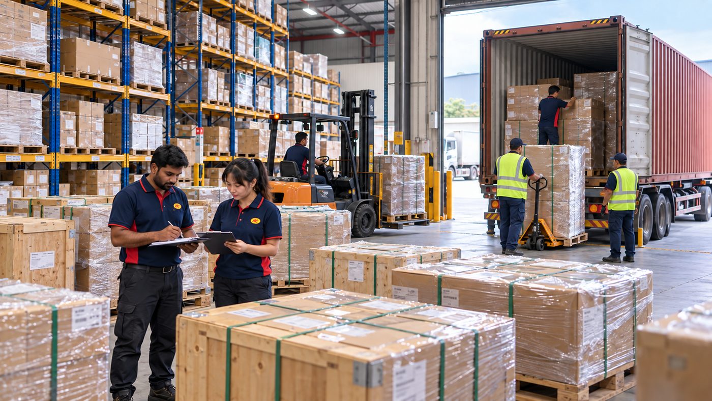 Palletised cargo checked beside an open container at the Port Klang warehouse, ready for the weekly consolidation
