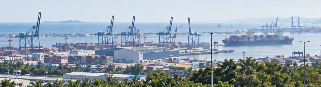 Container cranes and a vessel alongside at the port